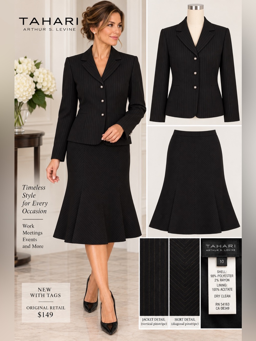 Tahari Arthur S Levine Size 10 NWT Black Gold Pinstripe Skirt Suit